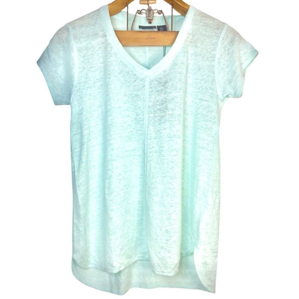 NWT Tahari 100% Linen V-Nechk T-Shirt Women Blue Short Sleeve Casual Tee Sz: S